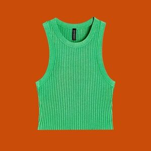 H&M 80s Green-Colored Rib-Knit Cropped Tank Top Women's Size S